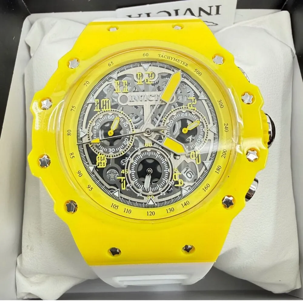 NEW Invicta Racing Men's Vaulthan Watch Skeleton Dial 44mm Yellow/White 69686